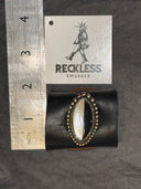 Split Onyx & White Nacre Oblong Cabuchon Adjustable Silvertone Ring - Reckless Swagger
