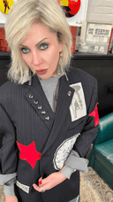 St Pancras Station Men’s Pinstripe Gabardine Jacket with Compass Patch + Red Leather Stars - One of a Kind - Reckless Swagger