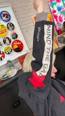 St Pancras Station Men’s Pinstripe Gabardine Jacket with Compass Patch + Red Leather Stars - One of a Kind - Reckless Swagger