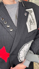 St Pancras Station Men’s Pinstripe Gabardine Jacket with Compass Patch + Red Leather Stars - One of a Kind - Reckless Swagger