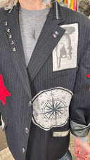 St Pancras Station Men’s Pinstripe Gabardine Jacket with Compass Patch + Red Leather Stars - One of a Kind - Reckless Swagger