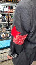 St Pancras Station Men’s Pinstripe Gabardine Jacket with Compass Patch + Red Leather Stars - One of a Kind - Reckless Swagger