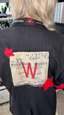 St Pancras Station Men’s Pinstripe Gabardine Jacket with Compass Patch + Red Leather Stars - One of a Kind - Reckless Swagger