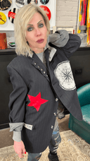 St Pancras Station Men’s Pinstripe Gabardine Jacket with Compass Patch + Red Leather Stars - One of a Kind - Reckless Swagger