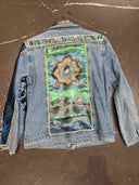 Unique Denim Jean Jacket with Green & Blue Silk Scarf Inserts - Reckless Swagger - Reckless Swagger