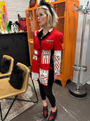 Upcycled Newsprint Appliqué Jacket - Velvet Back & Collar with Safety Pin Pocket Square - Reckless Swagger