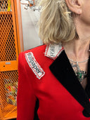 Upcycled Newsprint Appliqué Jacket - Velvet Back & Collar with Safety Pin Pocket Square - Reckless Swagger