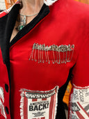 Upcycled Newsprint Appliqué Jacket - Velvet Back & Collar with Safety Pin Pocket Square - Reckless Swagger