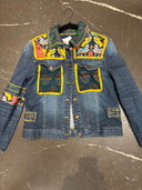 White Lotus Denim Jacket with Silk Scarf Inserts - Elephant Thai Design - Reckless Swagger