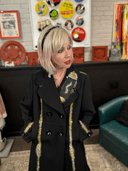 Yellow Punk Rock Pea Coat – Centipede Skull Design with Hand - Painted Yellow Seam Details - Reckless Swagger