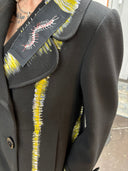 Yellow Punk Rock Pea Coat - Centipede Skull Design with White Seam Details - Reckless Swagger